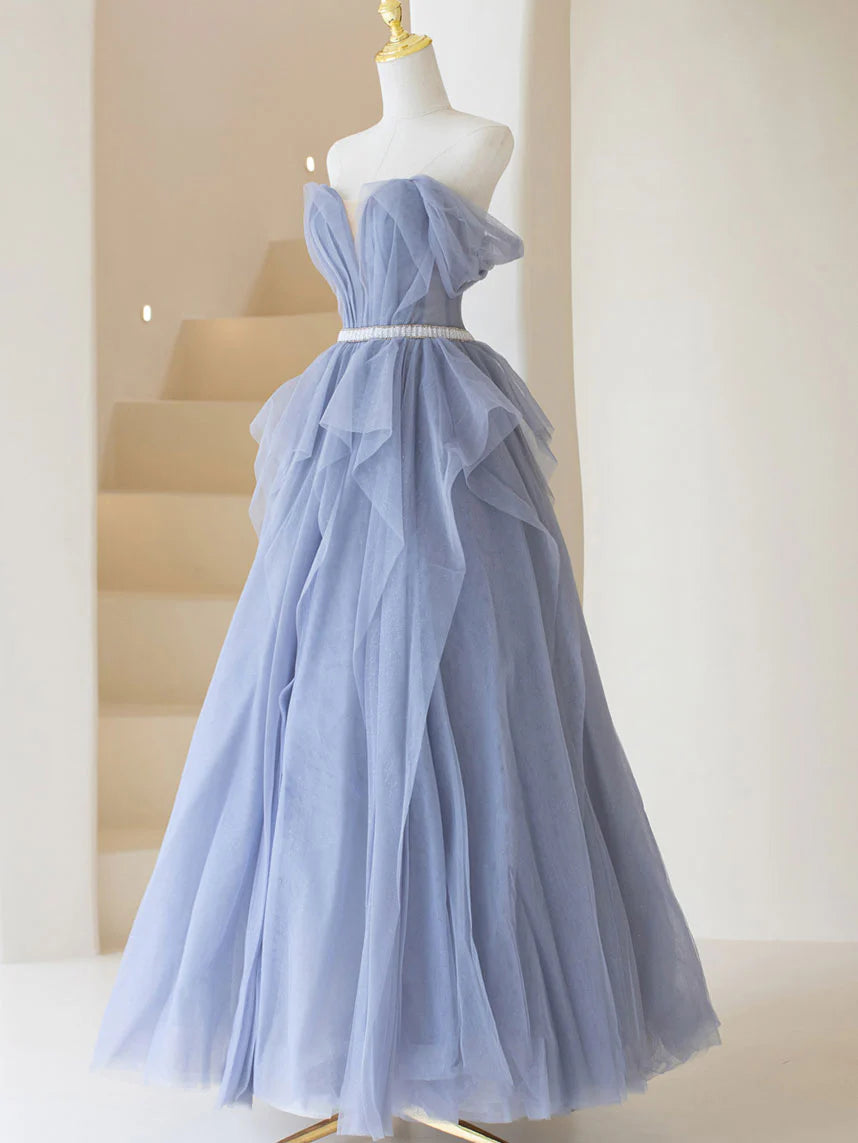 Robe de bal longue en tulle gris violet, robe de soirée trapèze violette ED0828