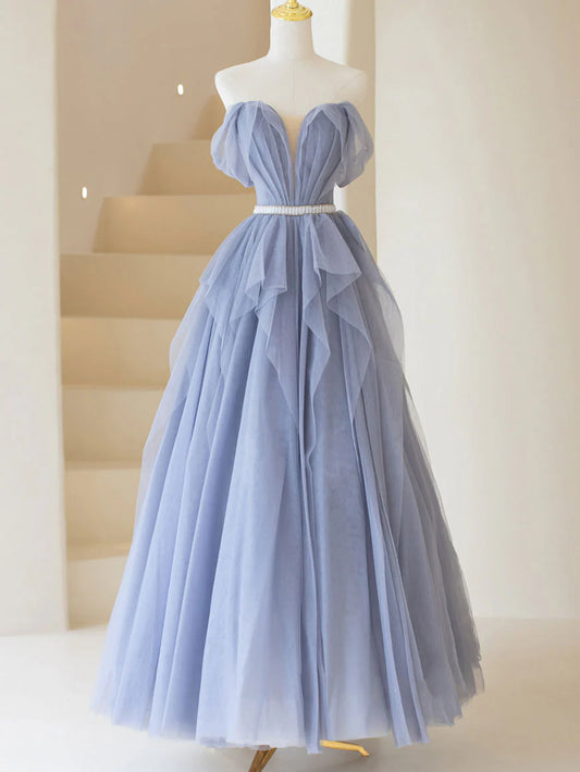 Robe de bal longue en tulle gris violet, robe de soirée trapèze violette ED0828