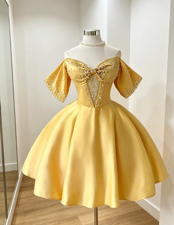 Sexy Off-shoulder Party Dress  A-Line Yellow Birthday Dress Sleeveless  Satin Homecoming Dress ED08284