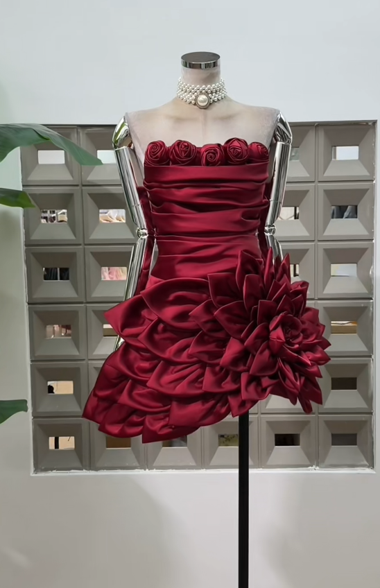 Einfaches trägerloses Partykleid Scheide Satin Geburtstagskleid Ärmelloses Burgunderrotes Heimkehrkleid ED08286