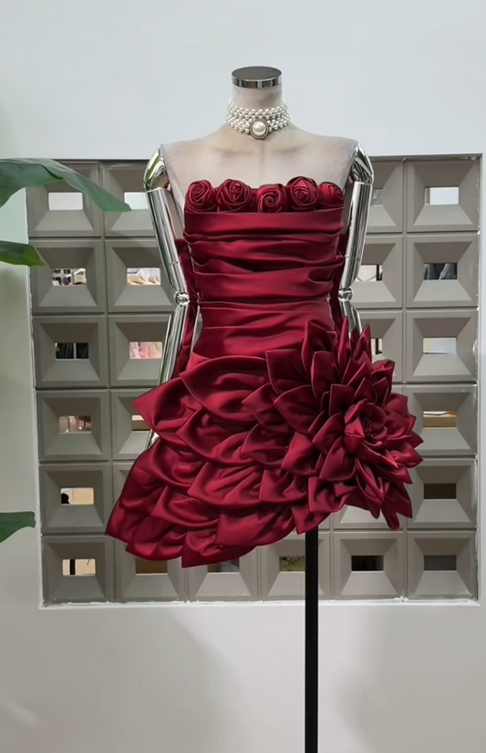Simple Strapless Party Dress  Sheath Satin Birthday Dress Sleeveless Burgundy Homecoming Dress ED08286