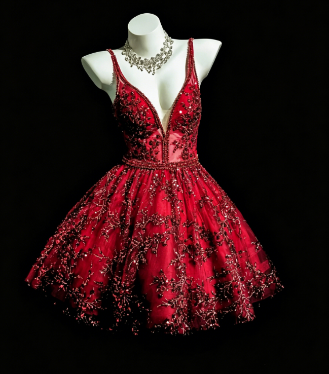 Wunderschönes Spaghettiträger-Partykleid A-Linie Burgund Geburtstagskleid Ärmelloses Applikationen Tüll Abschlussballkleid ED08290