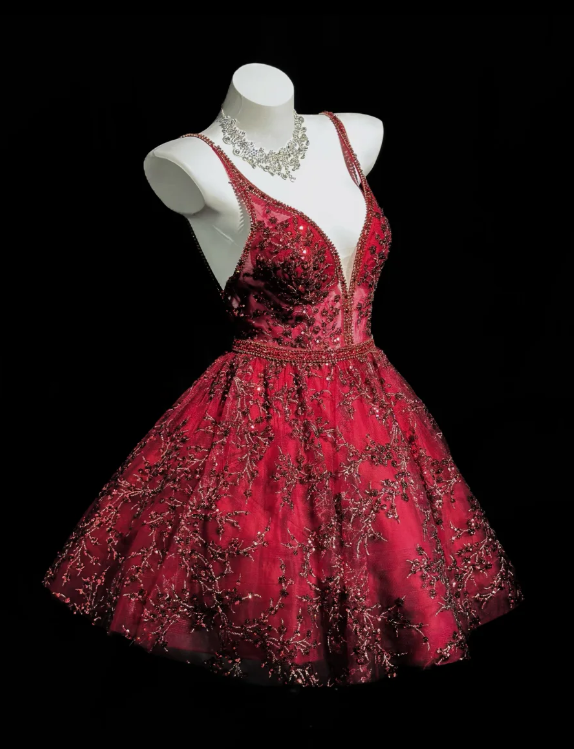Wunderschönes Spaghettiträger-Partykleid A-Linie Burgund Geburtstagskleid Ärmelloses Applikationen Tüll Abschlussballkleid ED08290