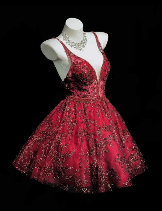 Wunderschönes Spaghettiträger-Partykleid A-Linie Burgund Geburtstagskleid Ärmelloses Applikationen Tüll Abschlussballkleid ED08290
