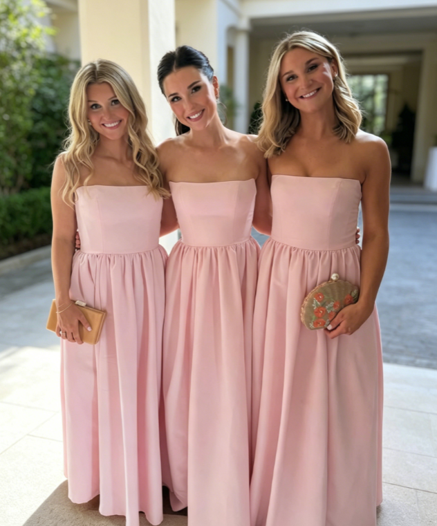 Cute Pink Bridesmaid Dress Strapless Sheath Chiffon Long Evening Dress ED08293