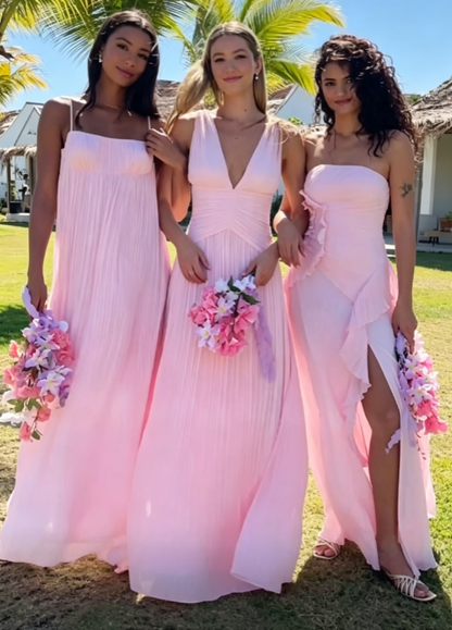 Chic Pink Bridesmaid Dress Strapless Sheath Chiffon Long Evening Dress ED08294