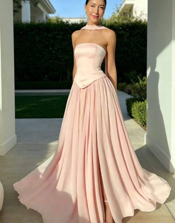 Chic Pink Bridesmaid Dress Strapless Sheath Chiffon Long Evening Dress ED08297