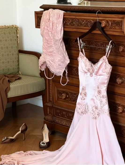Chic Pink Wedding Guest Dress Spaghetti Straps Sheath Satin Long Evening Dress ED08299