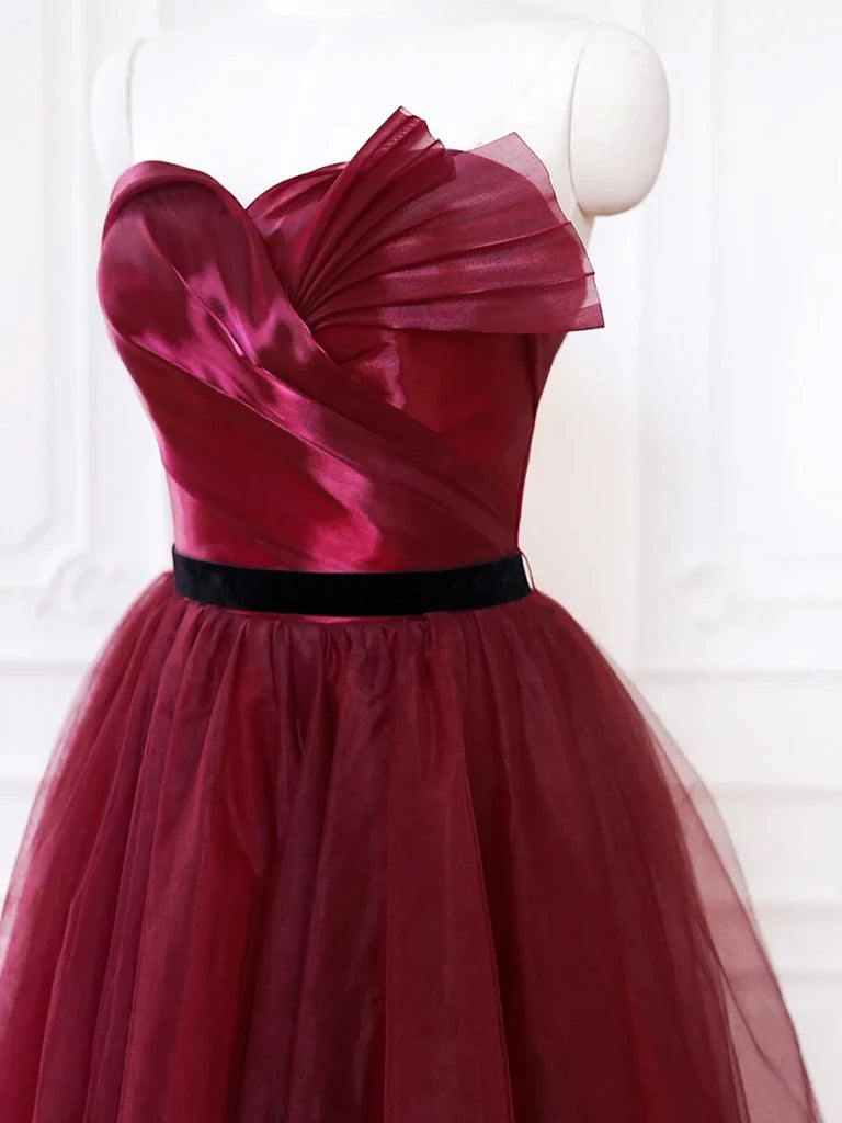 A-Line Sweetheart Neck Tulle Burgundy Long Prom Dress, Burgundy Long Formal Dress ED083