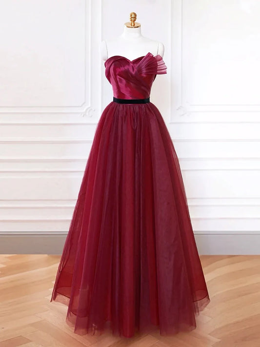 A-Linie Herzausschnitt Tüll Burgunder Langes Ballkleid, Burgunder Langes Abendkleid ED083