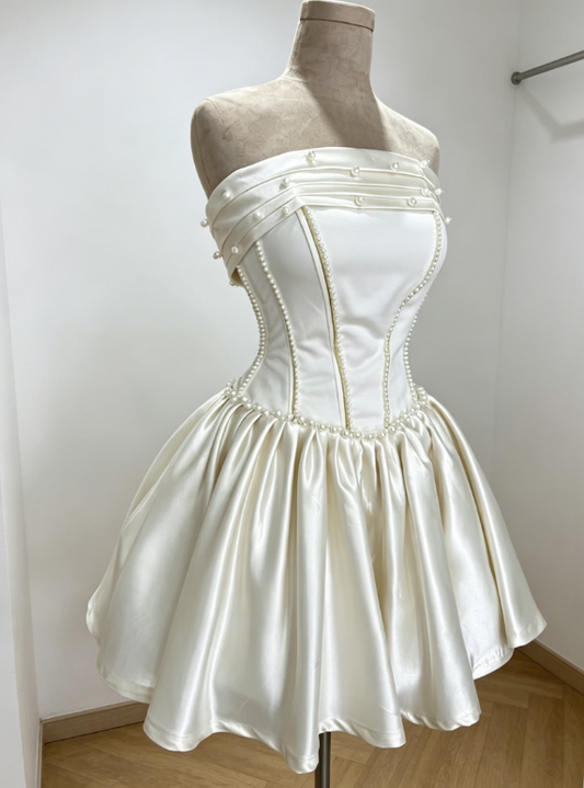 Simple White Homecoming Dress Strapless Short Summer Dress A-Line Satin Birthdy Party Dress ED08304