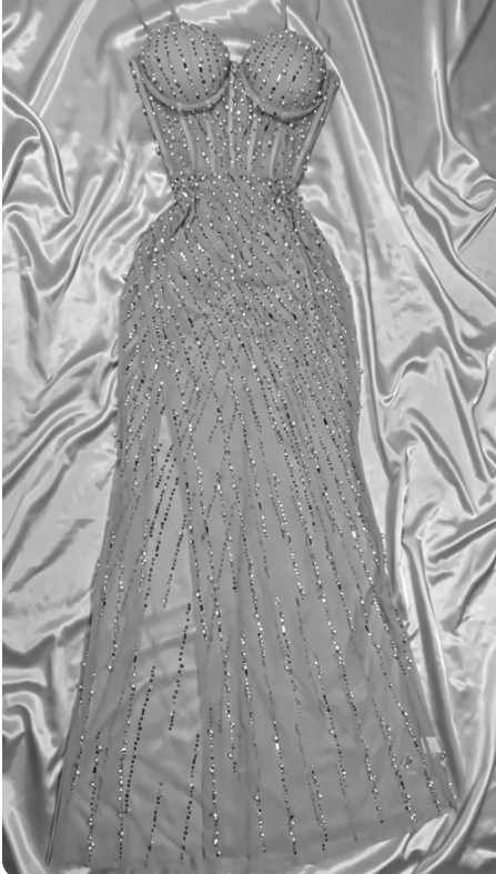 Chic Grey Prom Dress Spaghetti Straps Sheath Chiffon Sequins Long Evening Dress with Slit ED08311
