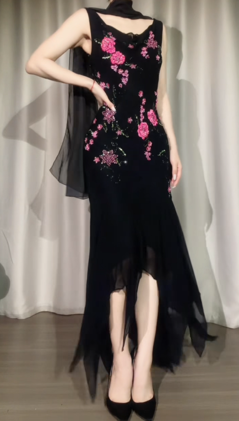Vintage Spaghetti Straps Sheath Beaded Chiffon Long Evening Dress Black Prom Dress ED08312