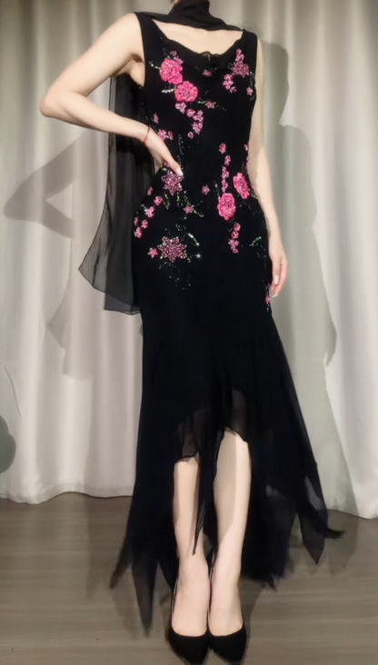 Vintage Spaghetti Straps Sheath Beaded Chiffon Long Evening Dress Black Prom Dress ED08312