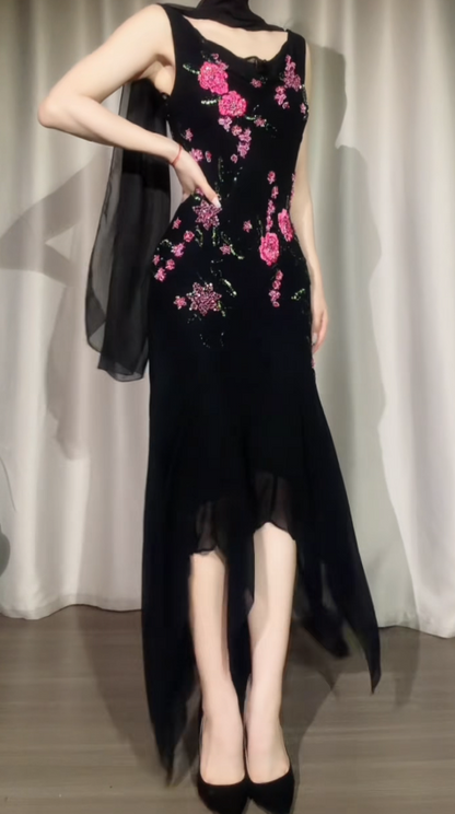 Vintage Spaghetti Straps Sheath Beaded Chiffon Long Evening Dress Black Prom Dress ED08312