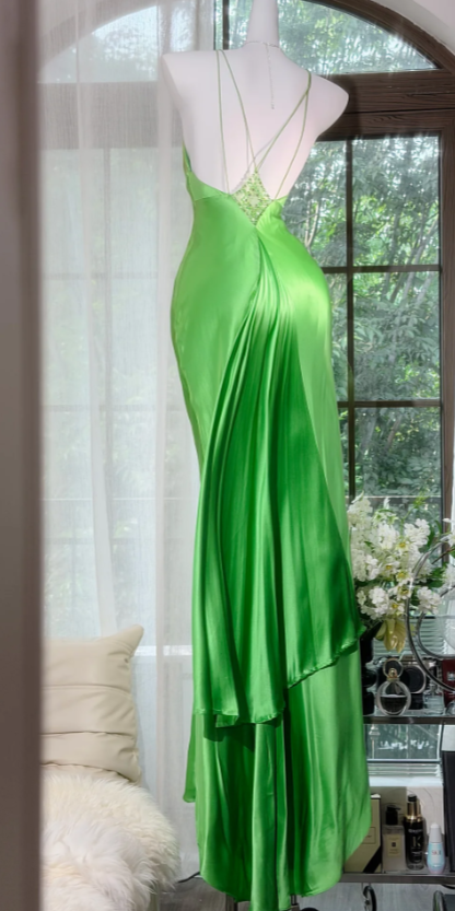 Vintage Spaghetti Straps Sheath Satin Long Evening Dress Green Prom Dress ED08313