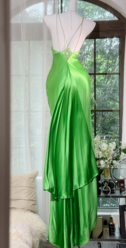 Vintage Spaghetti Straps Sheath Satin Long Evening Dress Green Prom Dress ED08313