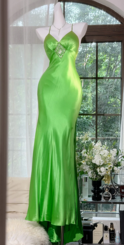 Vintage Spaghetti Straps Sheath Satin Long Evening Dress Green Prom Dress ED08313