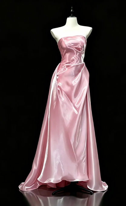 Cute Strapless Sheath Satin Long Evening Dress Pink Prom DressED08313