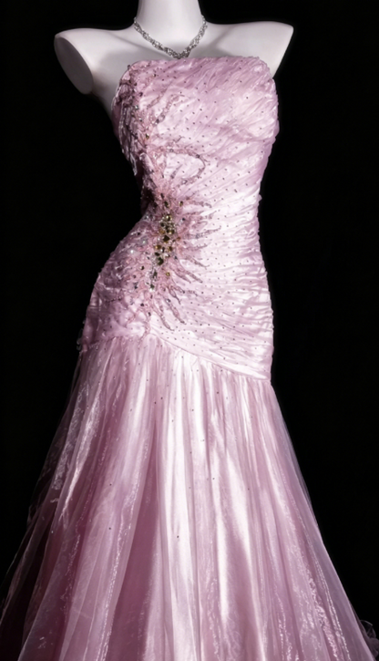 Cute Strapless Sheath Tulle Long Evening Dress Pink Prom Dress ED08315
