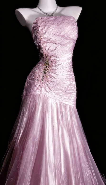 Cute Strapless Sheath Tulle Long Evening Dress Pink Prom Dress ED08315