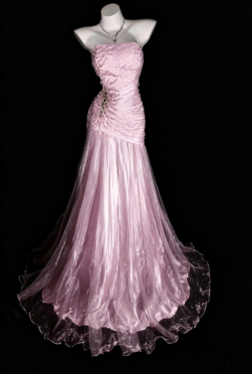 Cute Strapless Sheath Tulle Long Evening Dress Pink Prom Dress ED08315