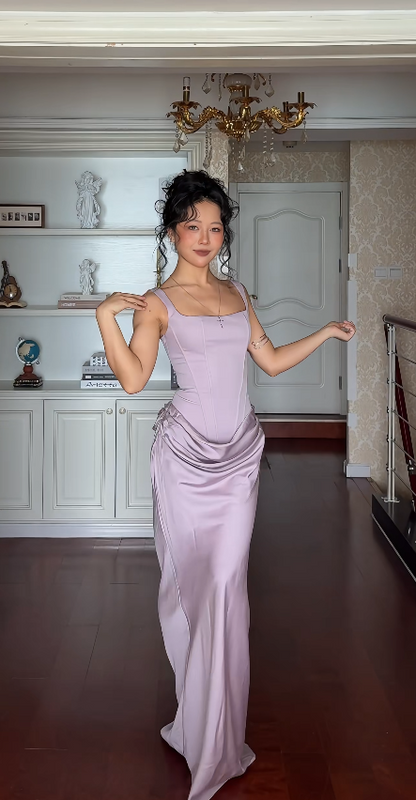 Elegant Straps Sheath Satin Long Evening Dress Dusty Purple Prom Dress ED08316