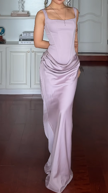 Elegant Straps Sheath Satin Long Evening Dress Dusty Purple Prom Dress ED08316