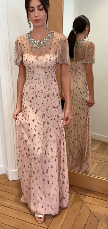 Élégante Robe de Soirée Longue Rose en Chiffon Perlé Fourreau Col Rond Robe de Bal ED08317