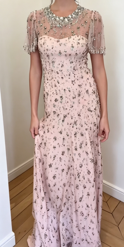 Élégante Robe de Soirée Longue Rose en Chiffon Perlé Fourreau Col Rond Robe de Bal ED08317