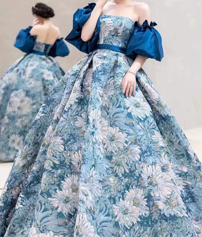 Robe de bal longue en satin bleu, coupe trapèze, robe de soirée longue bleue ED0832
