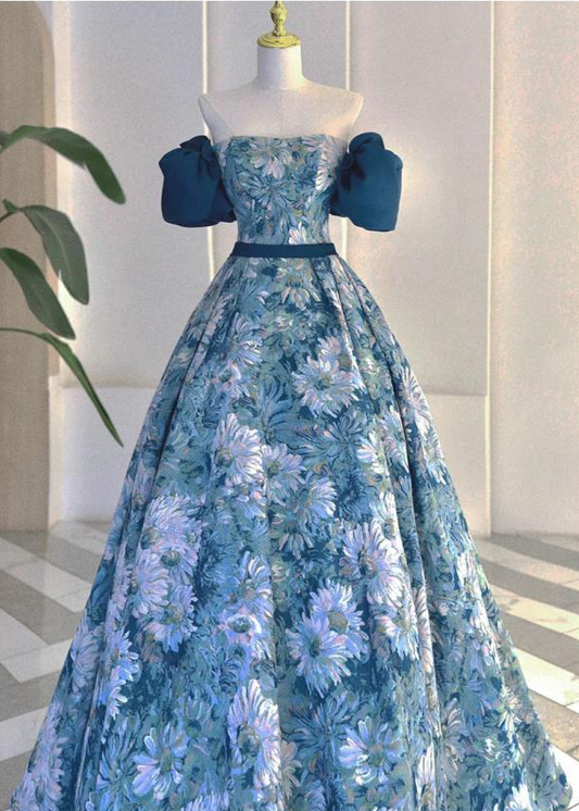 Robe de bal longue en satin bleu, coupe trapèze, robe de soirée longue bleue ED0832