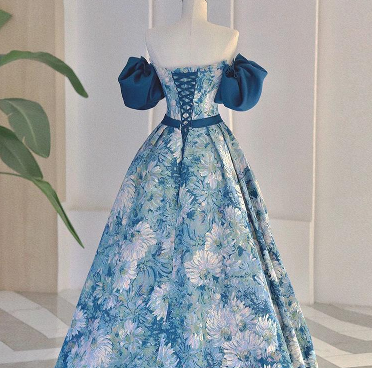 Robe de bal longue en satin bleu, coupe trapèze, robe de soirée longue bleue ED0832