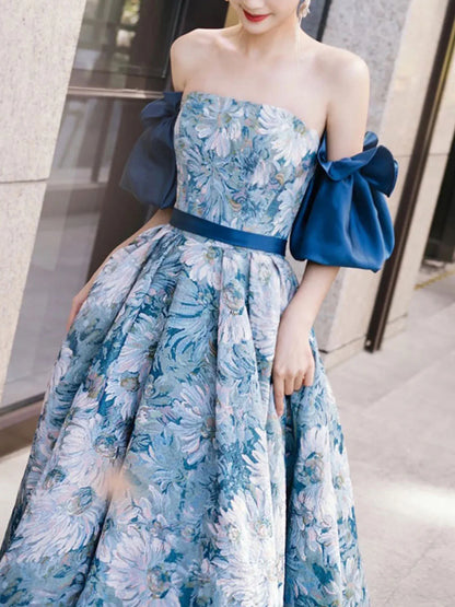 Robe de bal longue en satin bleu, coupe trapèze, robe de soirée longue bleue ED0832
