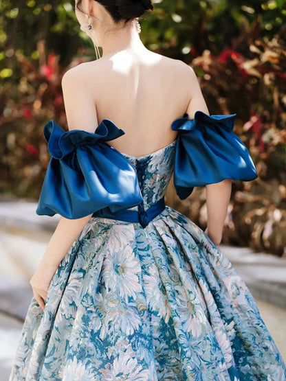 Robe de bal longue en satin bleu, coupe trapèze, robe de soirée longue bleue ED0832
