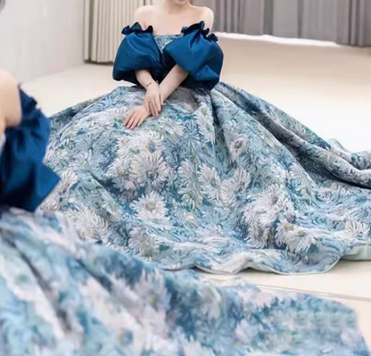 Robe de bal longue en satin bleu, coupe trapèze, robe de soirée longue bleue ED0832