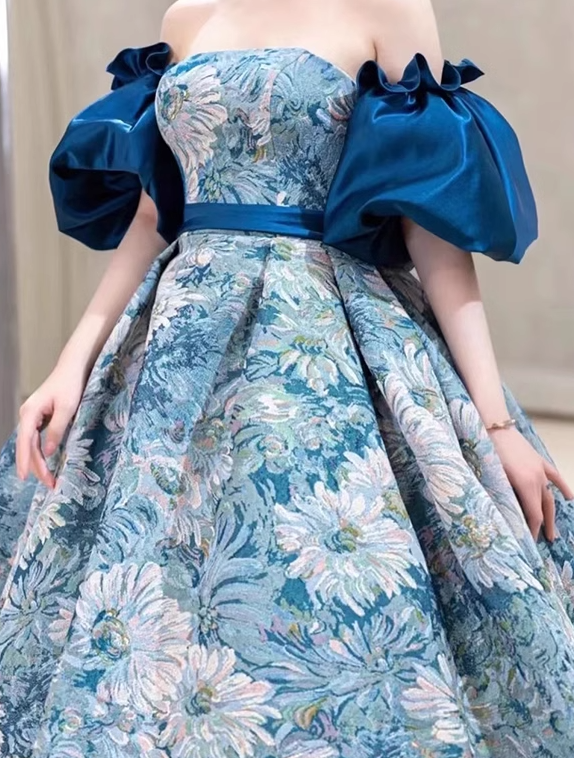 Robe de bal longue en satin bleu, coupe trapèze, robe de soirée longue bleue ED0832