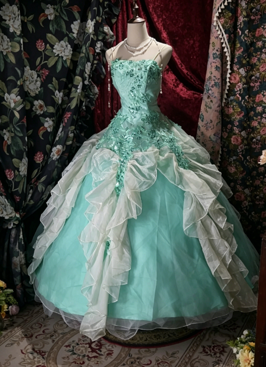 Gorgeous Strapless Ball Gown Quinceanera Dress Tulle Appliques Blue Sweet 16 Dress ED08320