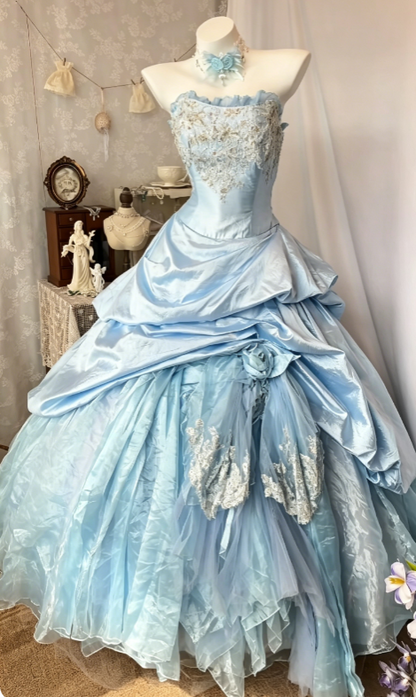 Gorgeous Strapless Ball Gown Quinceanera Dress Satin Tulle Blue Sweet 16 Dress ED08322