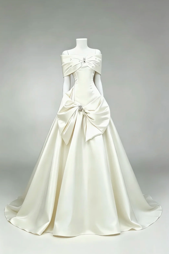 Chic Off-shoulder A-Line Satin Long Evening White Prom Dress ED08324