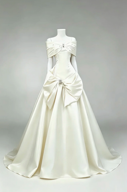 Chic Off-shoulder A-Line Satin Long Evening White Prom Dress ED08324