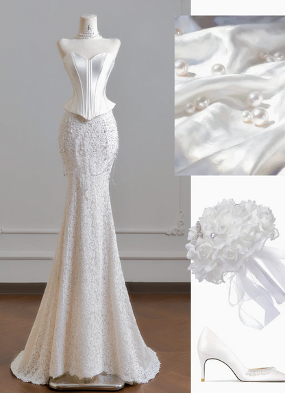 Robe de mariée sirène chic en satin et dentelle pour mariée ED08325
