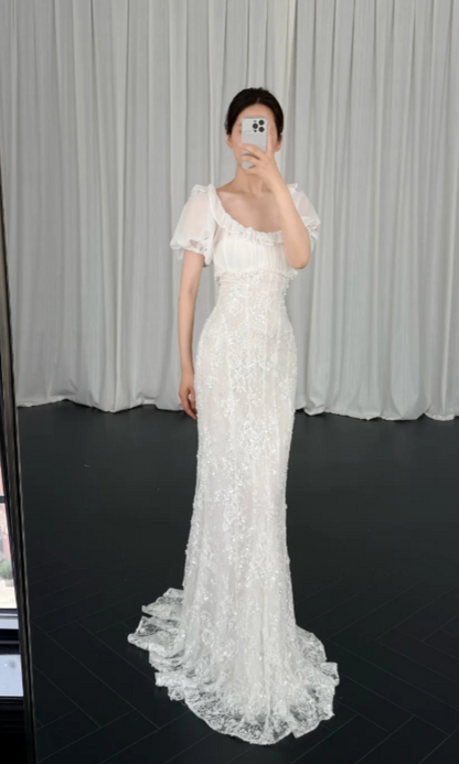 Chic Mermaid Wedding Dress Lace Chiffon Bridal Gown White Bridal Dress ED08328