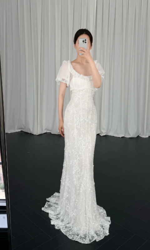 Chic Mermaid Wedding Dress Lace Chiffon Bridal Gown White Bridal Dress ED08328