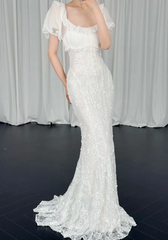 Chic Mermaid Wedding Dress Lace Chiffon Bridal Gown White Bridal Dress ED08328