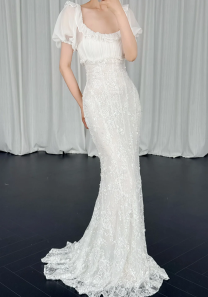Chic Mermaid Wedding Dress Lace Chiffon Bridal Gown White Bridal Dress ED08328