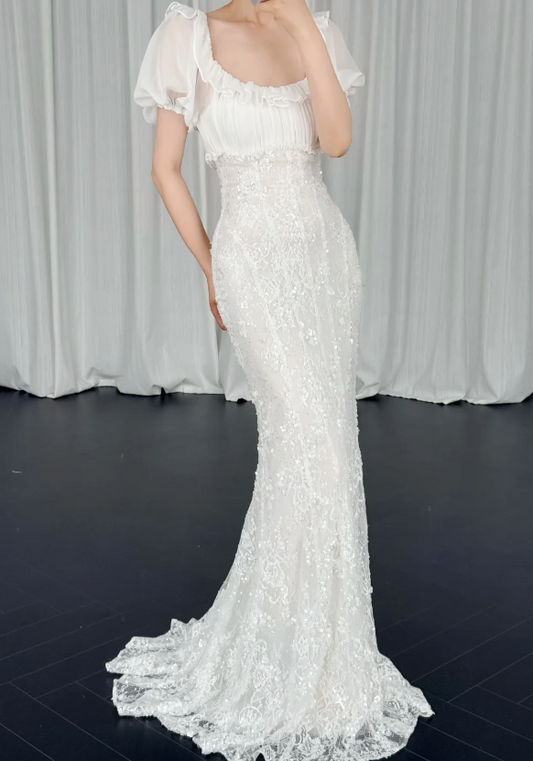 Chic Mermaid Wedding Dress Lace Chiffon Bridal Gown White Bridal Dress ED08328