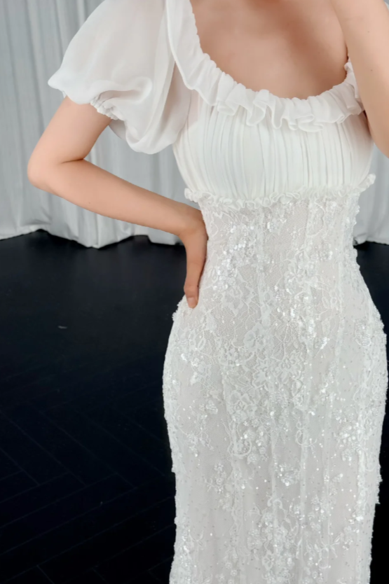 Chic Mermaid Wedding Dress Lace Chiffon Bridal Gown White Bridal Dress ED08328