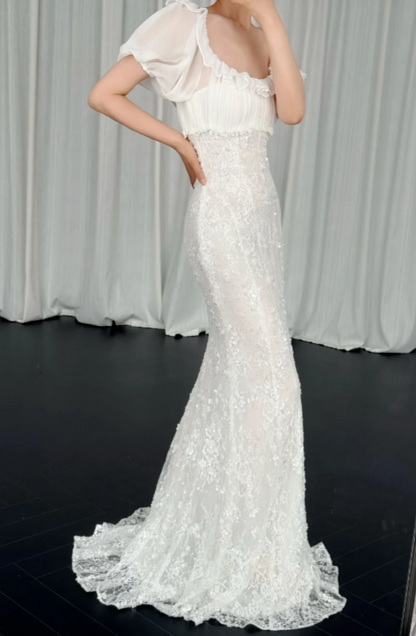 Chic Mermaid Wedding Dress Lace Chiffon Bridal Gown White Bridal Dress ED08328