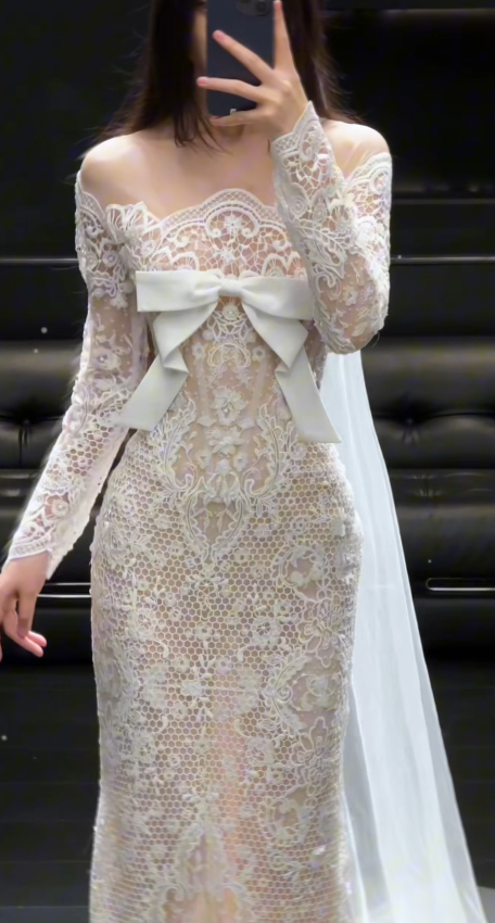 Chic Off-shoulder Mermaid Wedding Dress Lace Chiffon Bridal Gown White Bridal Dress ED08329